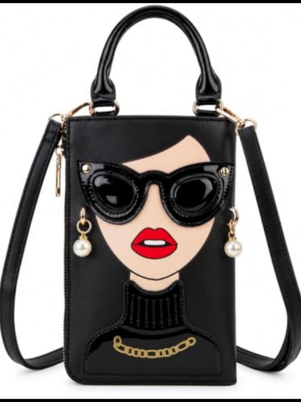 PU Leather Satchel Top Handle Lady Face Bag with Pearl Earrings
